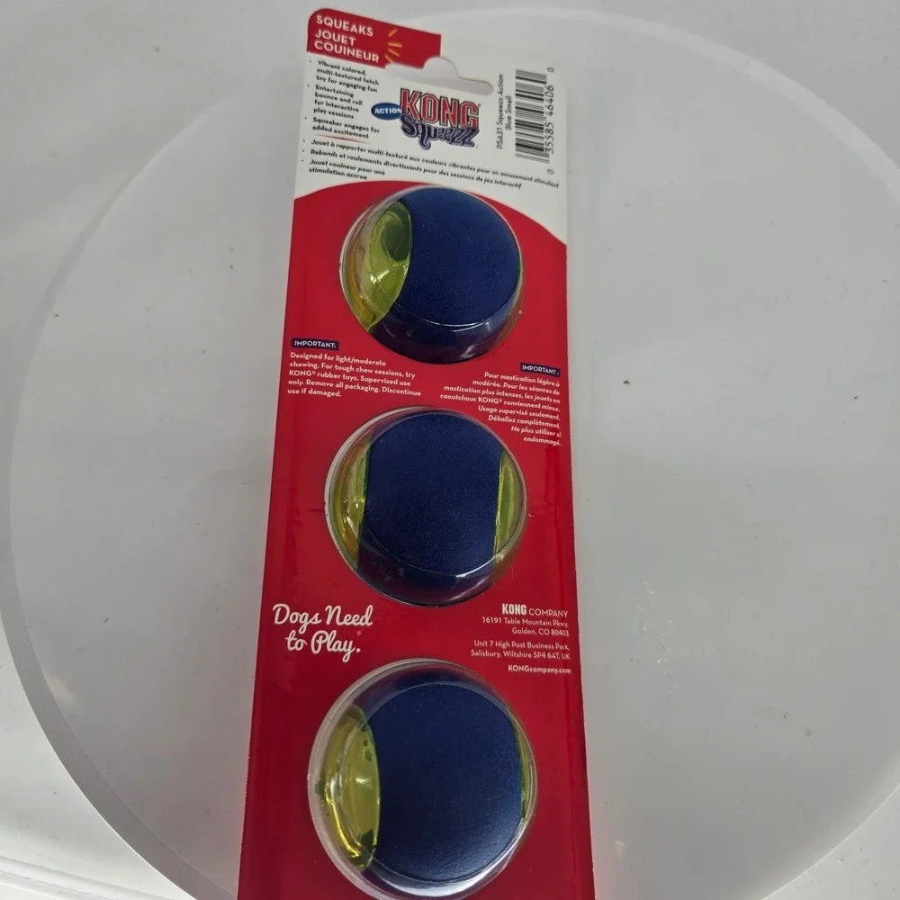 KONG Squeezz Action Ball Dog Toy 3-Pack Blue‎ Yellow Small Squeaky Fetch PSA31